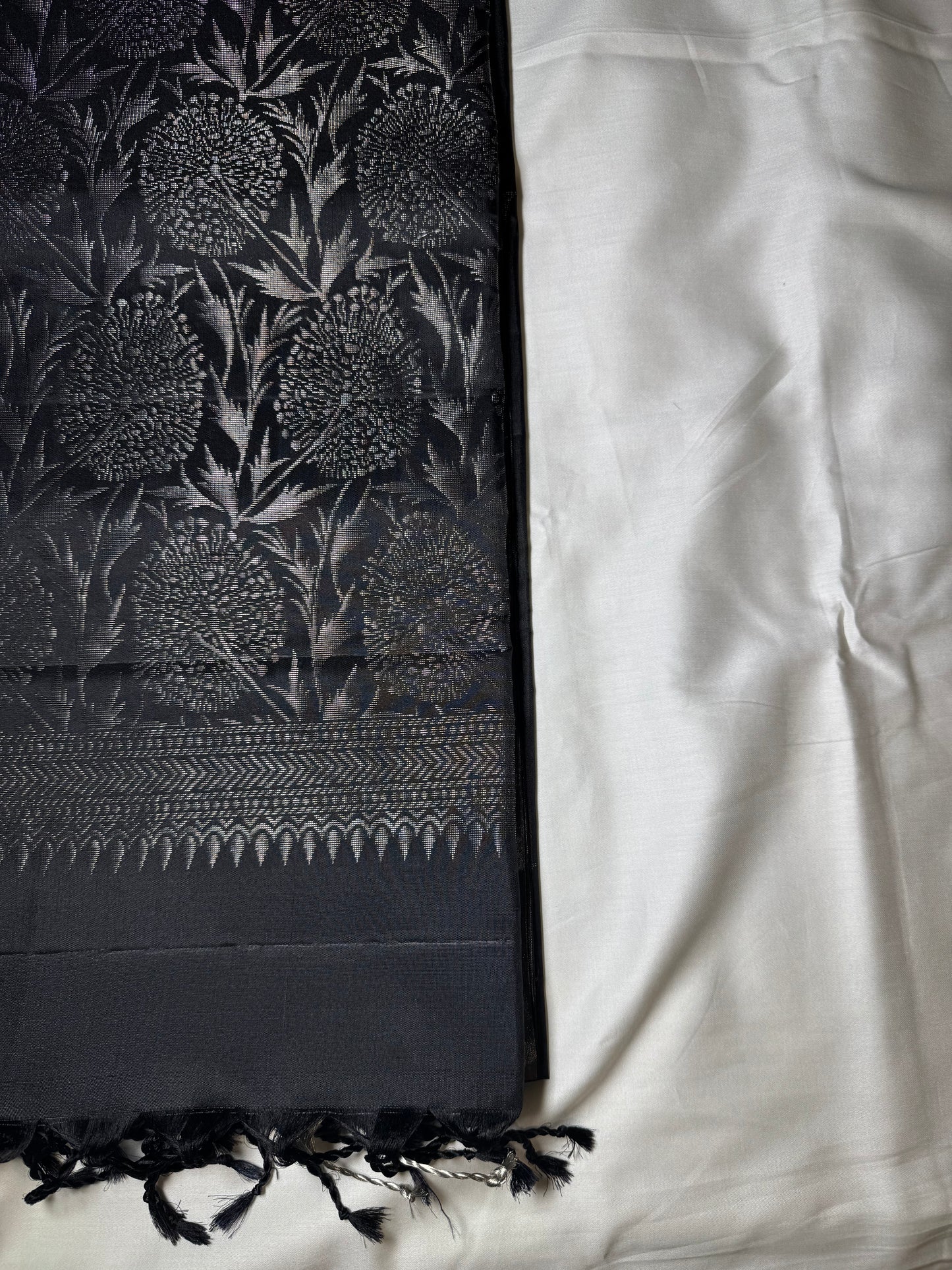 Kohl- Black Soft Silk Saree with Metallic Silver Pallu