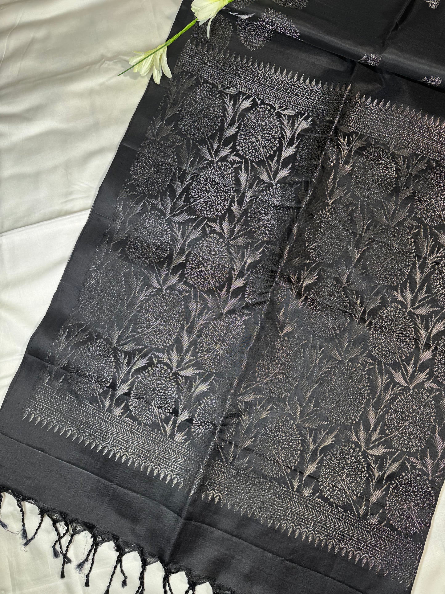 Kohl- Black Soft Silk Saree with Metallic Silver Pallu