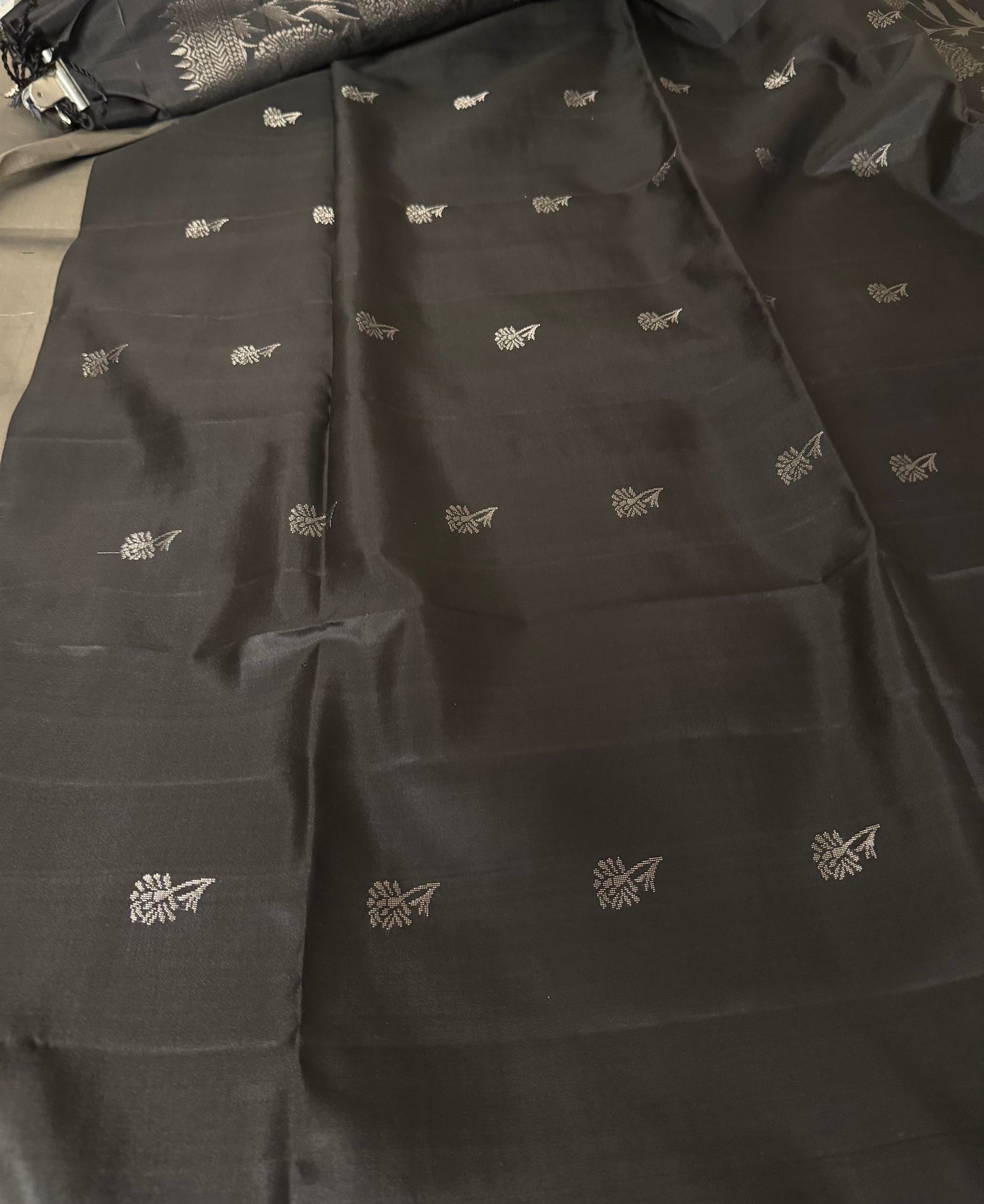 Kohl- Black Soft Silk Saree with Metallic Silver Pallu