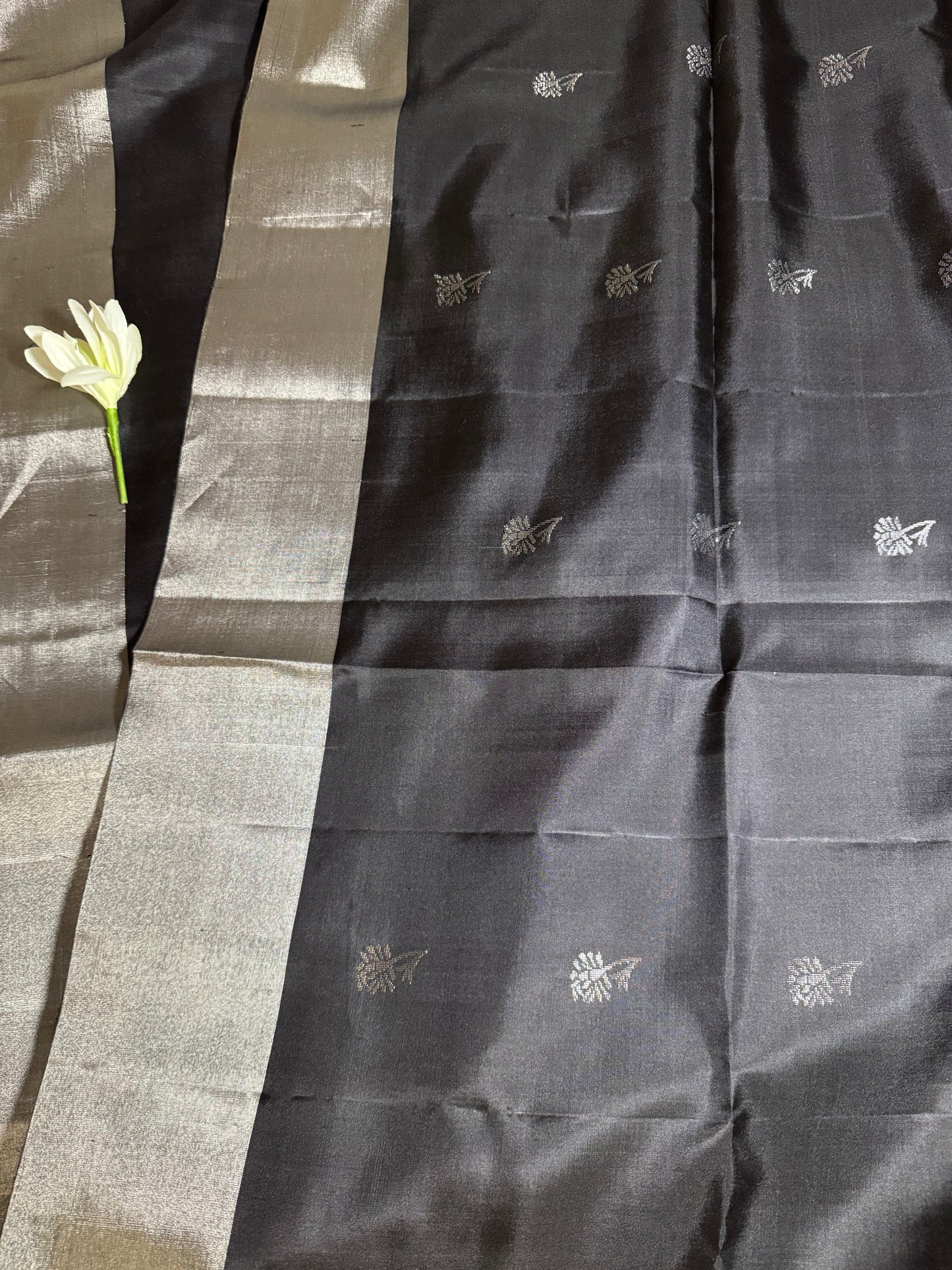 Kohl- Black Soft Silk Saree with Metallic Silver Pallu