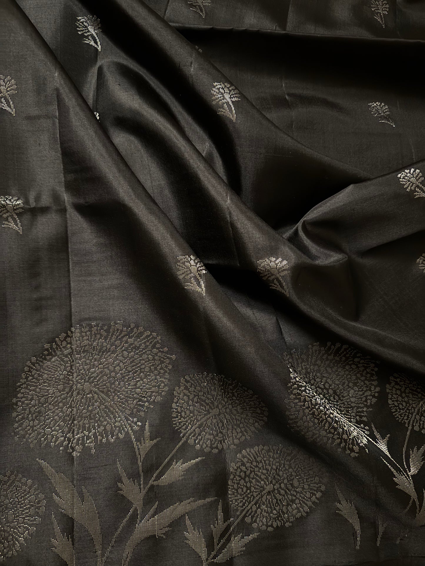 Kohl- Black Soft Silk Saree with Metallic Silver Pallu