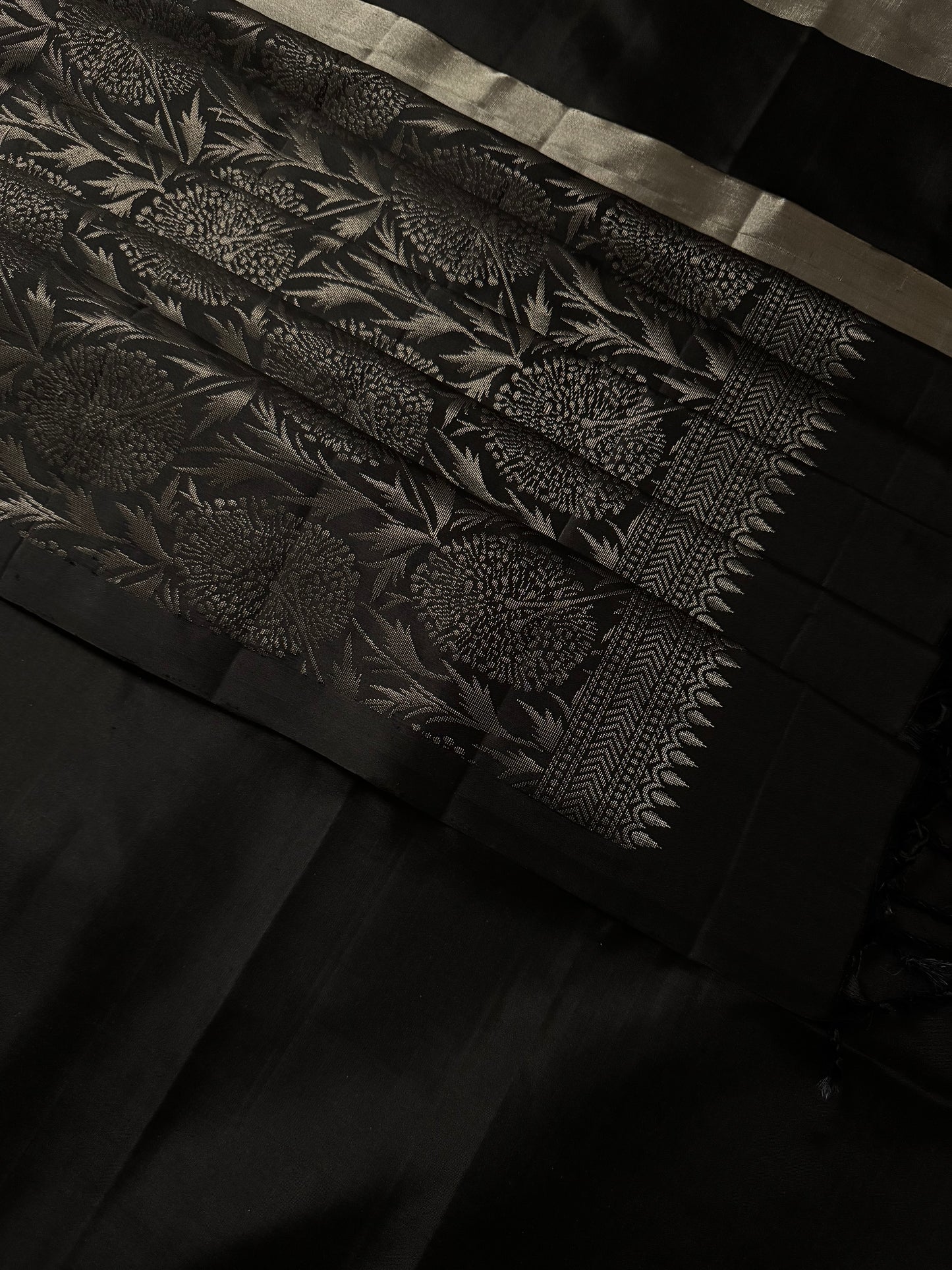 Kohl- Black Soft Silk Saree with Metallic Silver Pallu