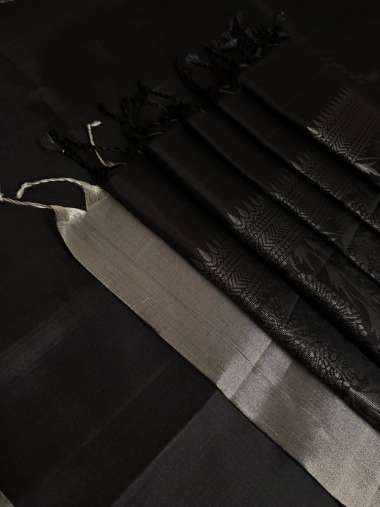 Kohl- Black Soft Silk Saree with Metallic Silver Pallu