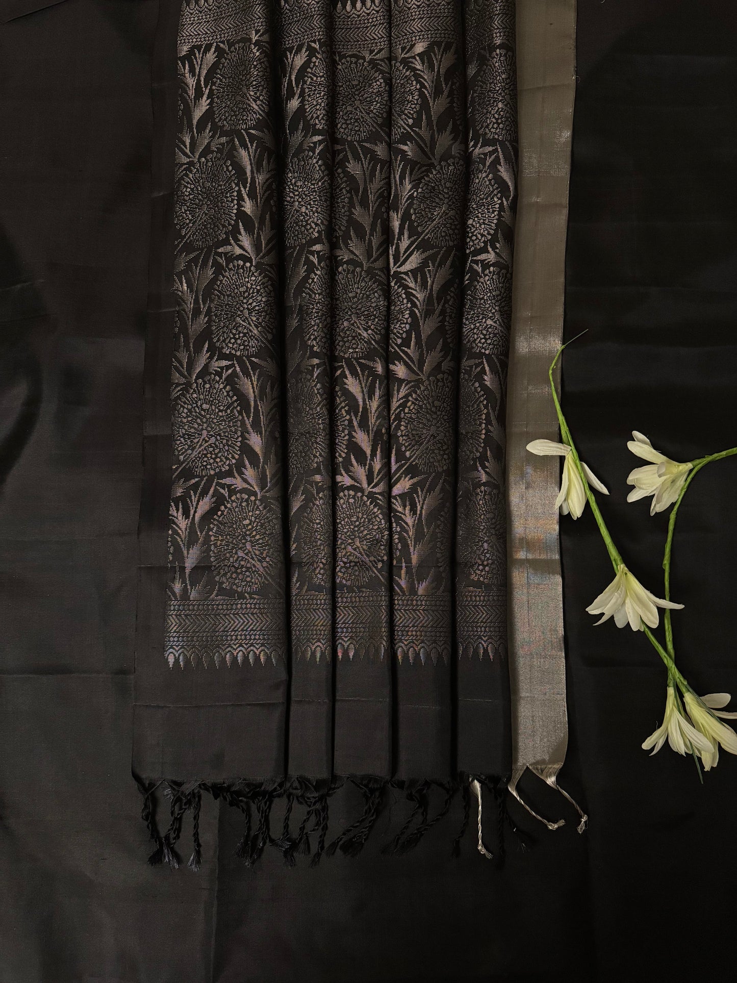 Kohl- Black Soft Silk Saree with Metallic Silver Pallu
