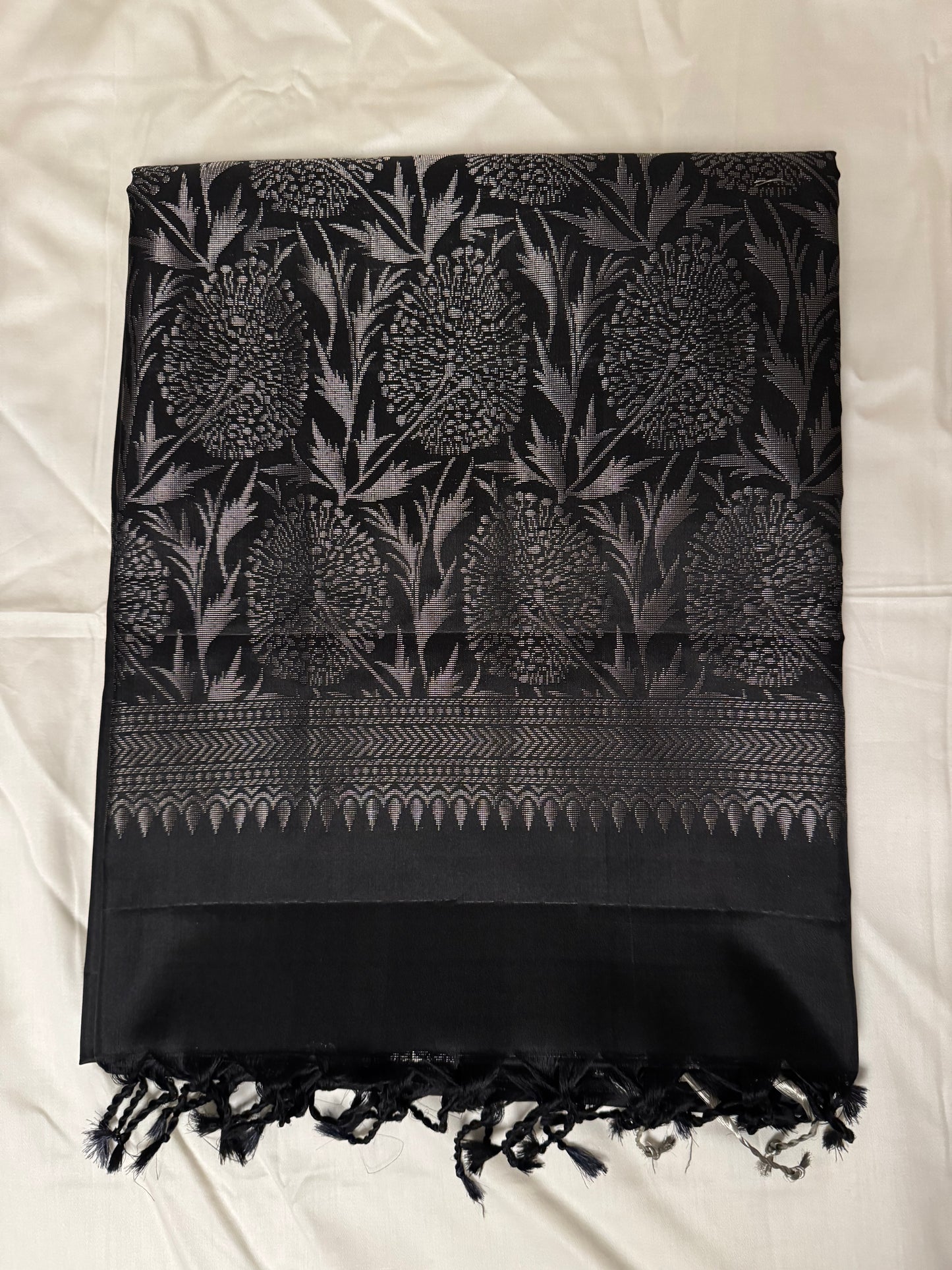 Kohl- Black Soft Silk Saree with Metallic Silver Pallu