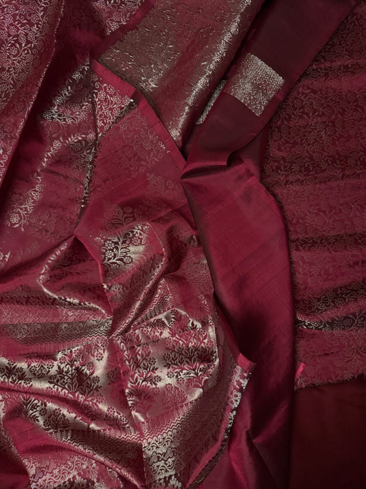Viraah - Deep Magenta Soft Silk Saree with Silver Zari & Metallic Pallu