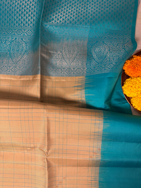 Ivory Raag- Checked Lustrous Cream Soft Silk Saree with Contrasting Blue Pallu