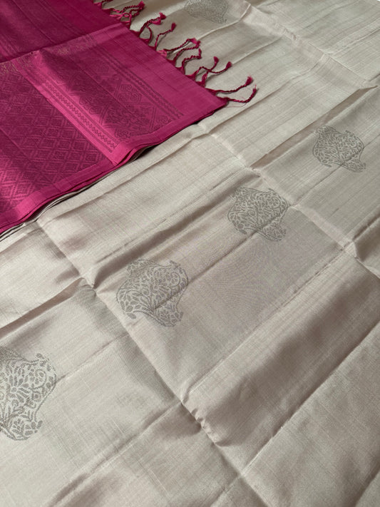 Luna Rose- Lustrous Beige Soft Silk Saree with Bright Pink Pallu