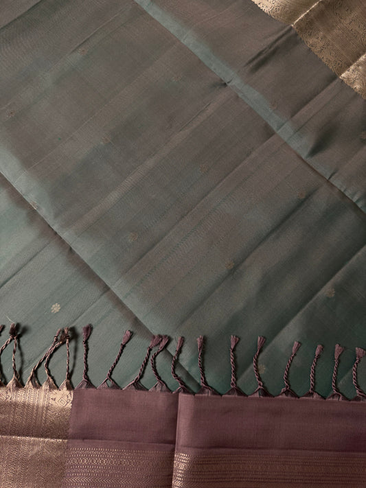 Pale Veil – Soft Silk Saree in Earthy Neutral Blue with Metallic Contrast Border