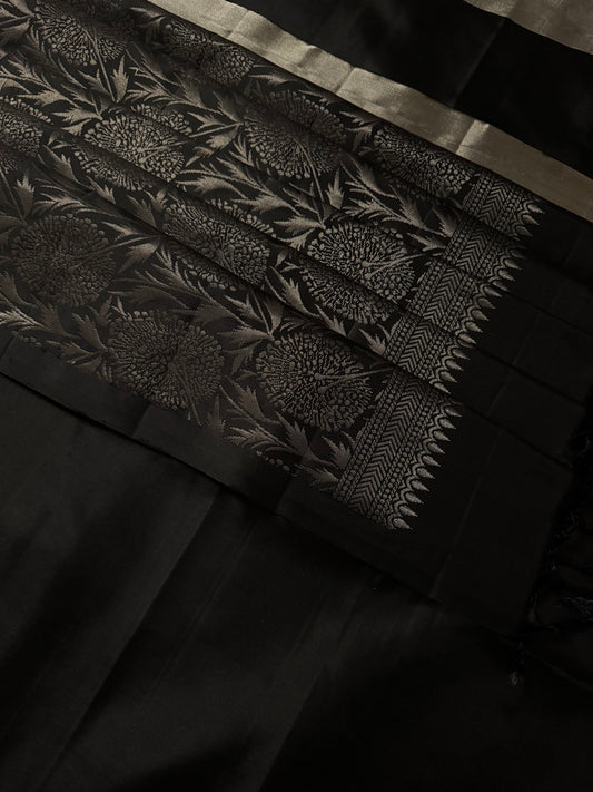 Kohl- Black Soft Silk Saree with Metallic Silver Pallu