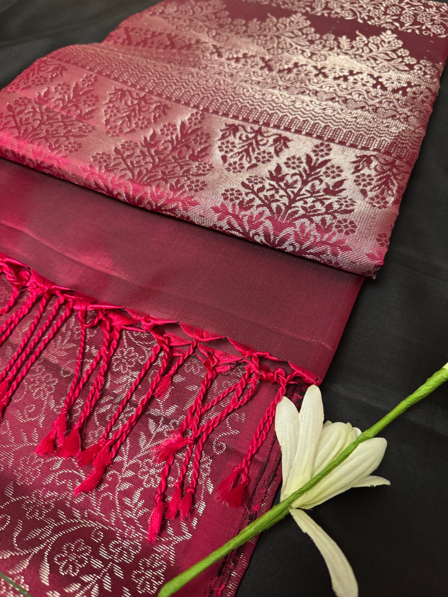 Viraah - Deep Magenta Soft Silk Saree with Silver Zari & Metallic Pallu