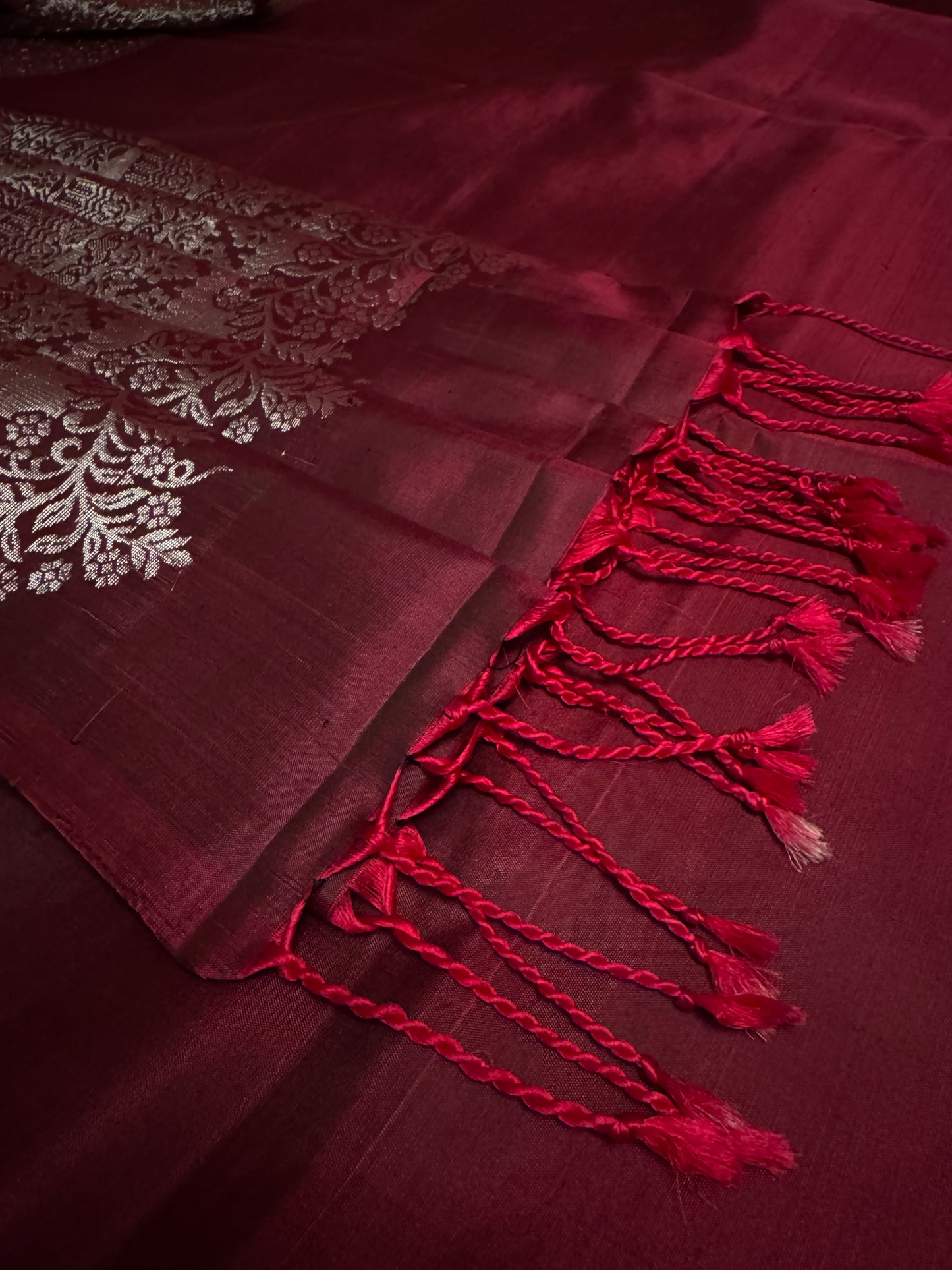 Viraah - Deep Magenta Soft Silk Saree with Silver Zari & Metallic Pallu