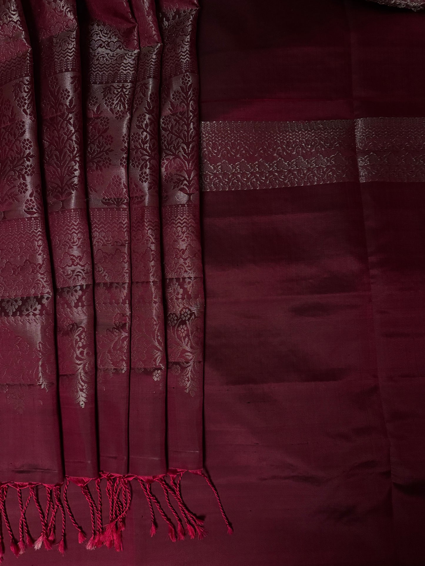 Viraah - Deep Magenta Soft Silk Saree with Silver Zari & Metallic Pallu