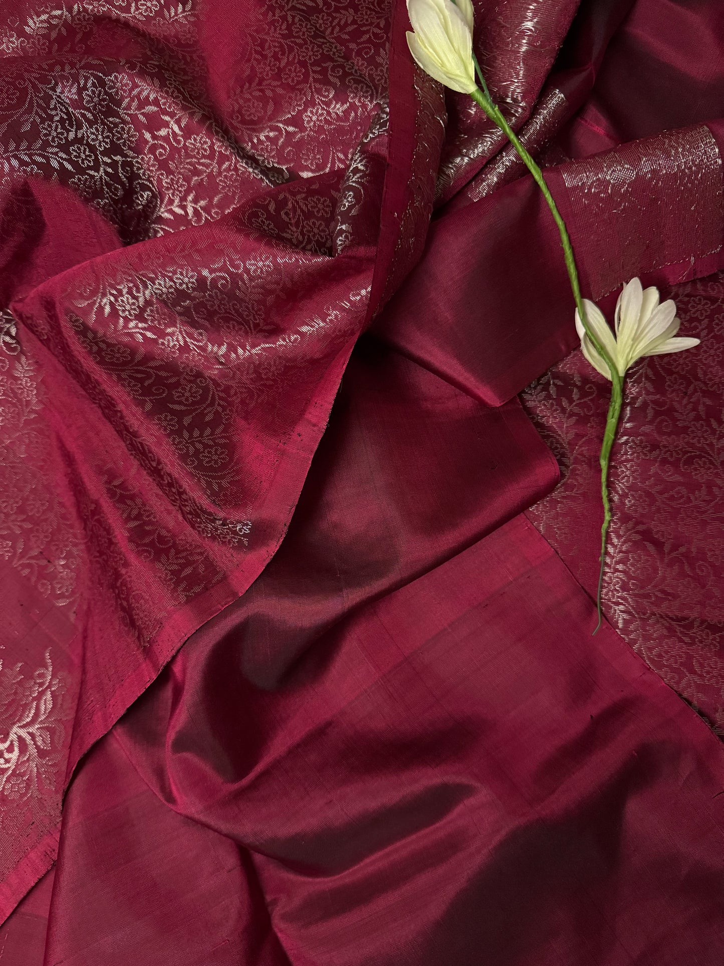 Viraah - Deep Magenta Soft Silk Saree with Silver Zari & Metallic Pallu