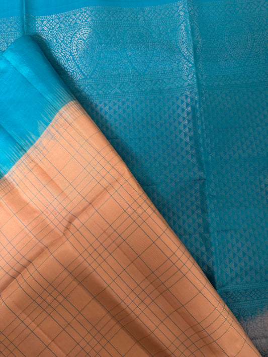 Ivory Raag- Checked Lustrous Cream Soft Silk Saree with Contrasting Blue Pallu