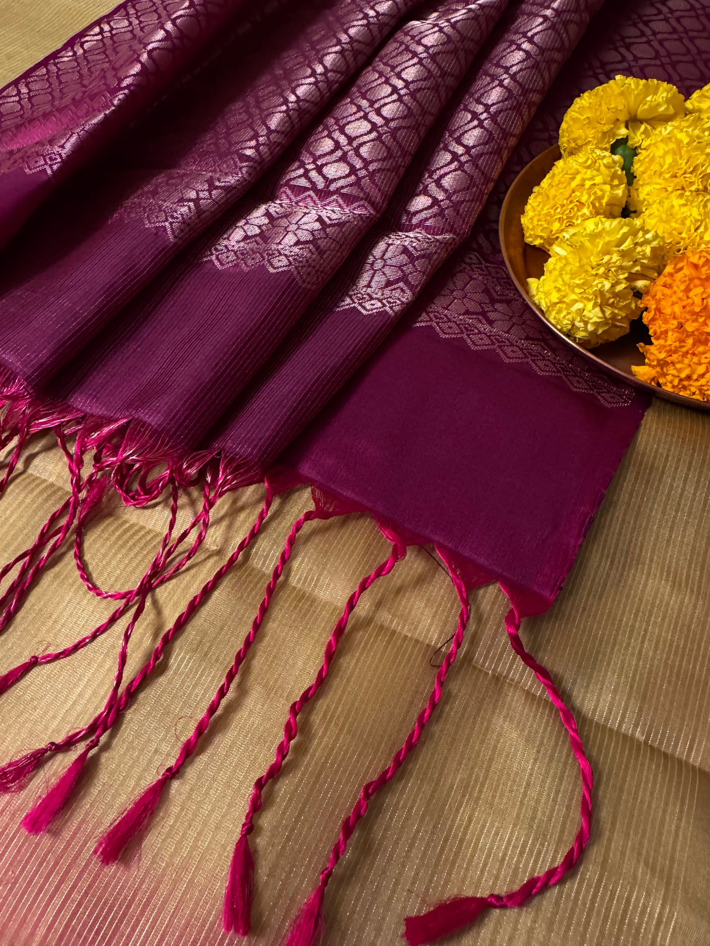 Nooriya – Golden Yellow Soft Silk Saree with Pink Pallu