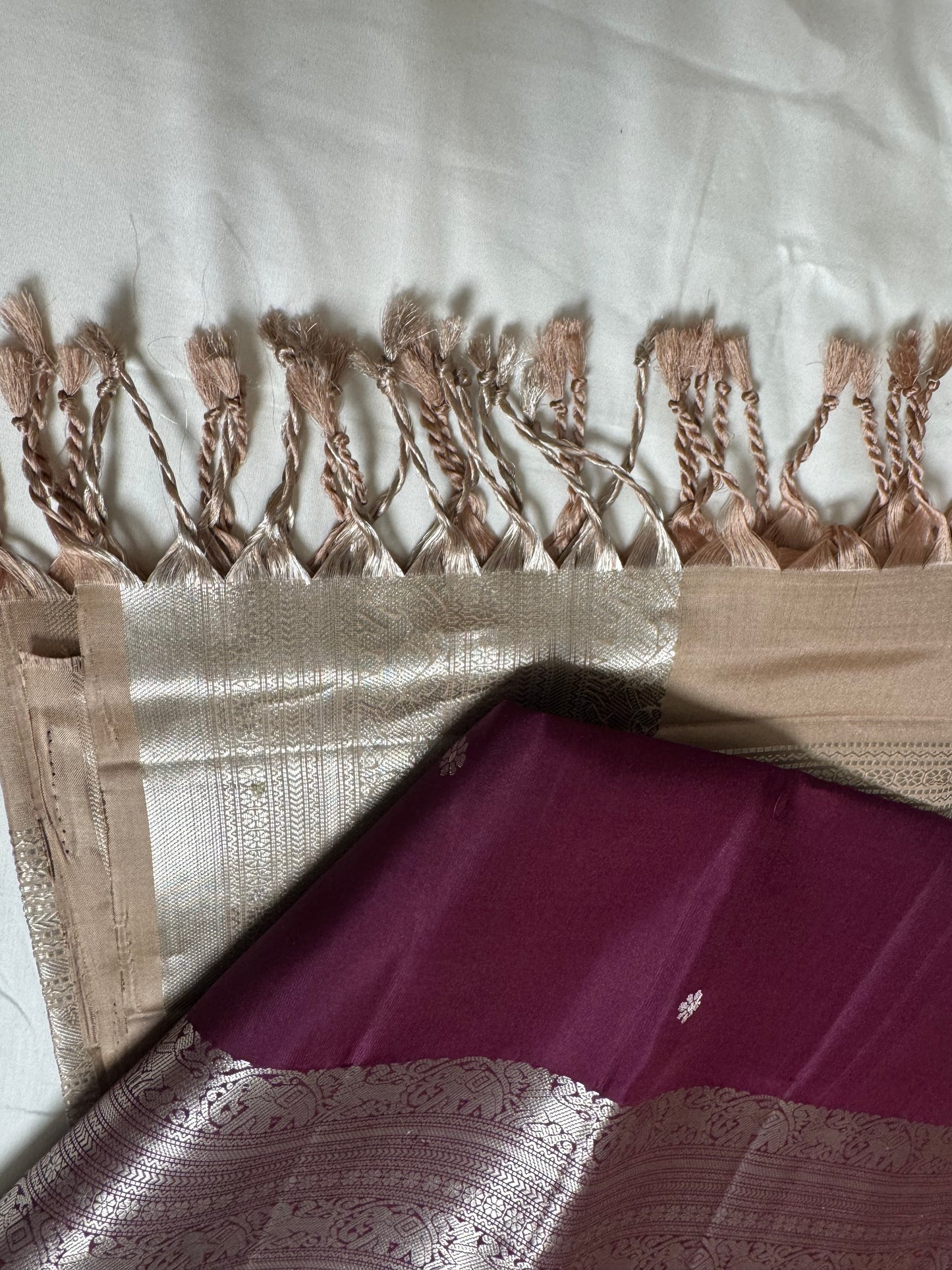 Sira – Dark Purple Soft Silk Saree with Beige & Metallic Silver Pallu