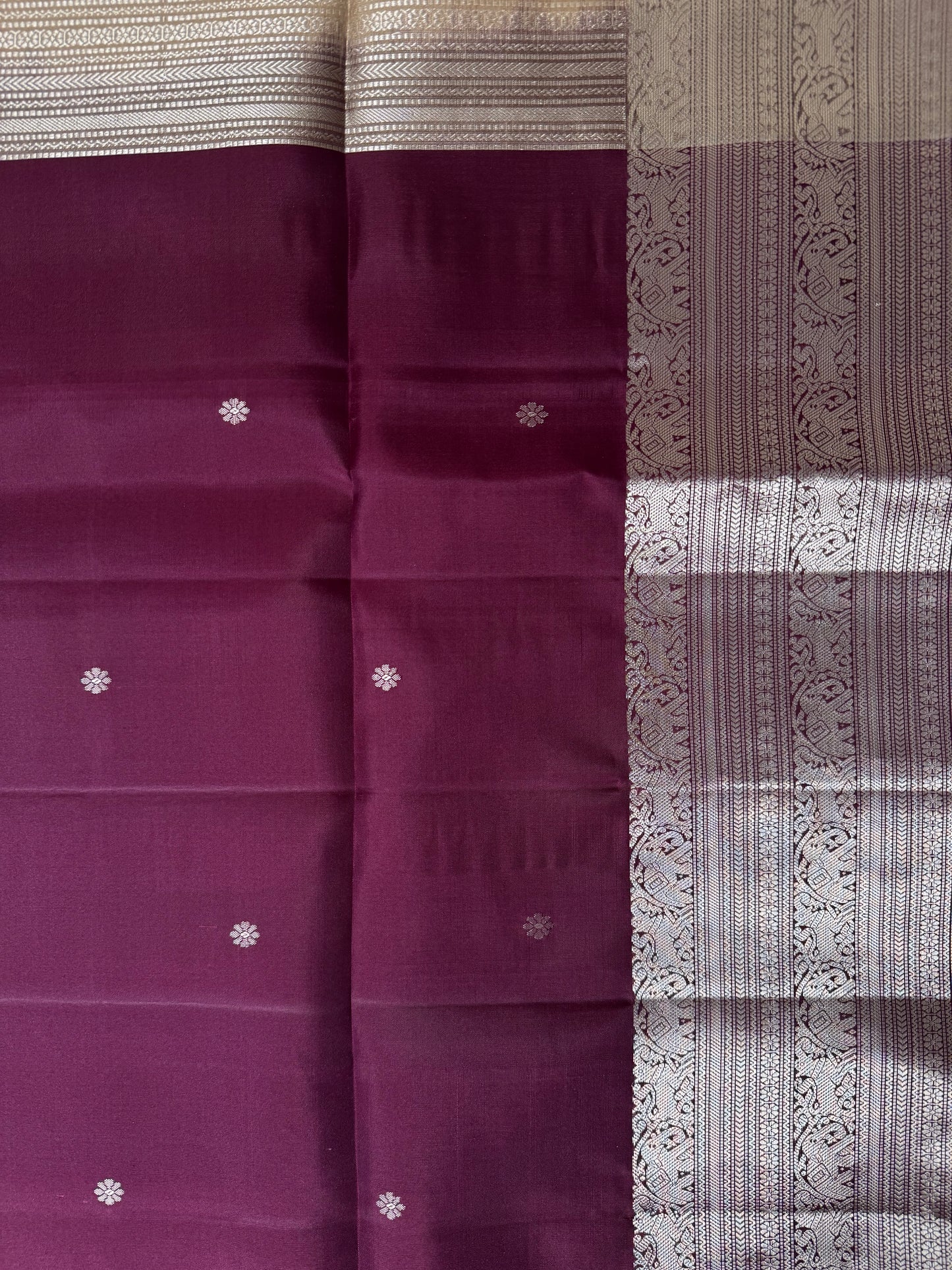 Sira – Dark Purple Soft Silk Saree with Beige & Metallic Silver Pallu