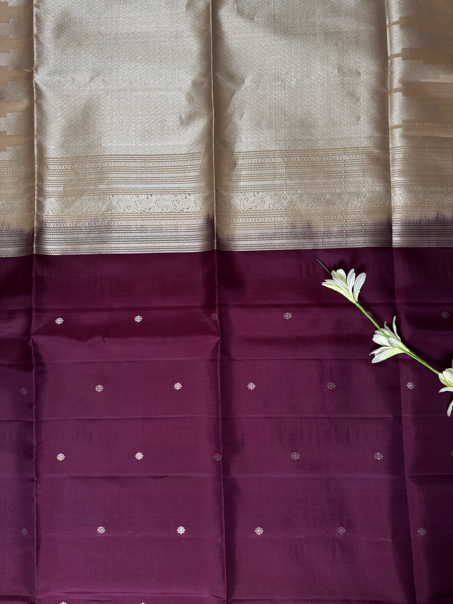 Sira – Dark Purple Soft Silk Saree with Beige & Metallic Silver Pallu