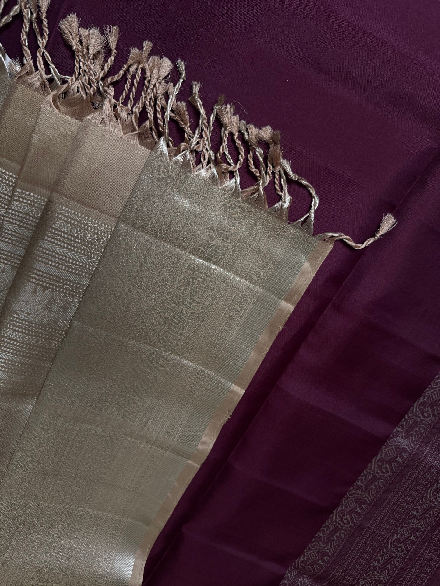 Sira – Dark Purple Soft Silk Saree with Beige & Metallic Silver Pallu