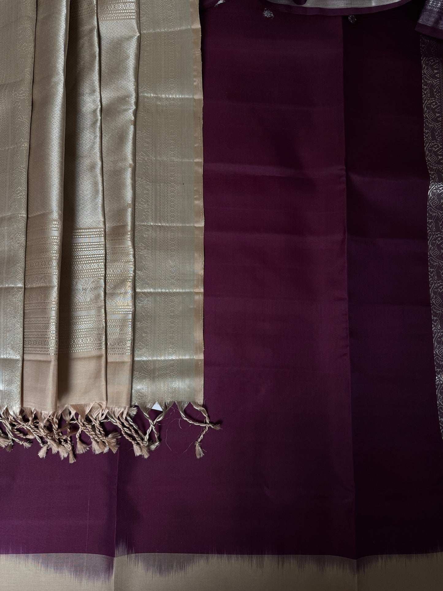 Sira – Dark Purple Soft Silk Saree with Beige & Metallic Silver Pallu