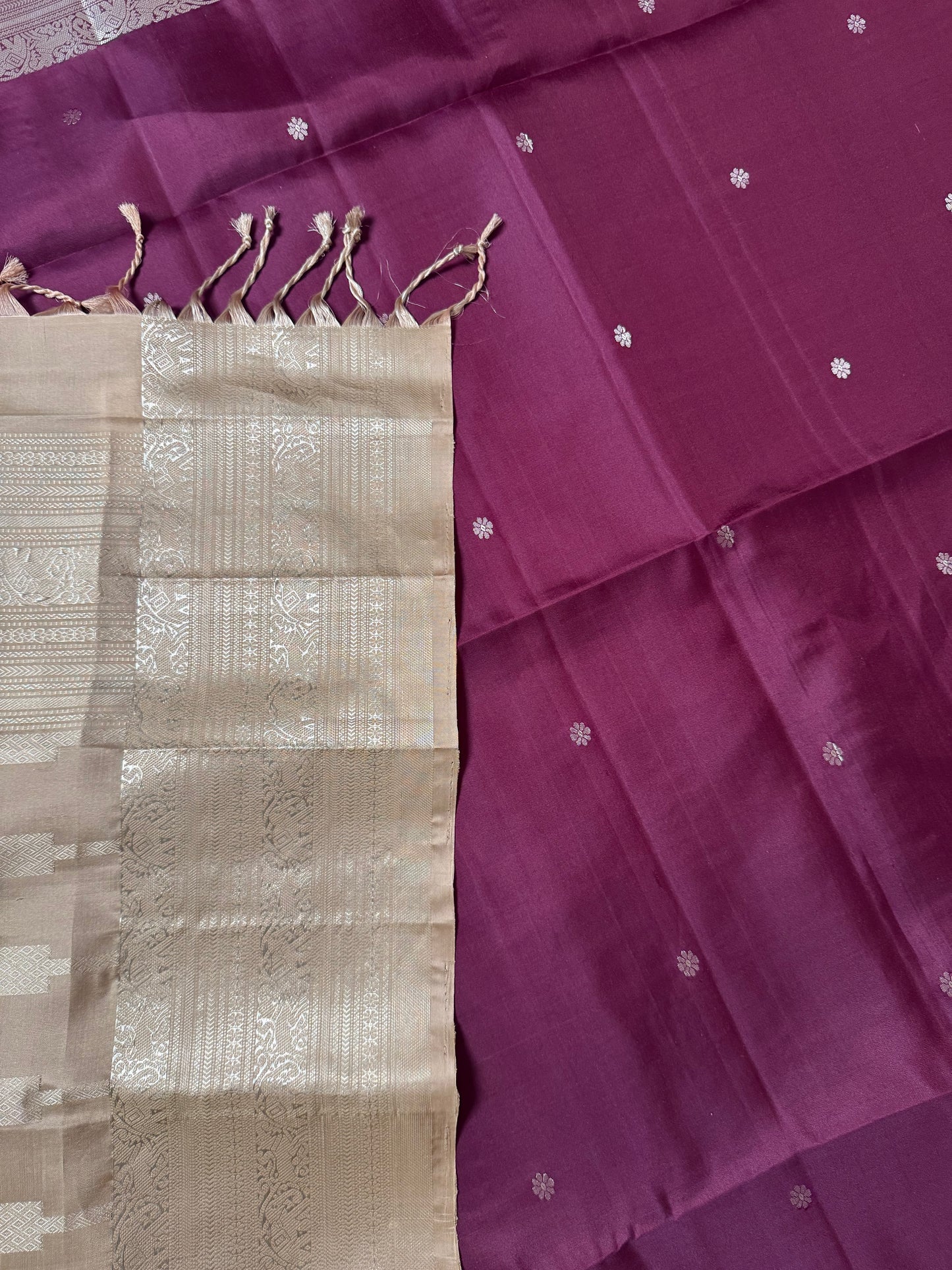 Sira – Dark Purple Soft Silk Saree with Beige & Metallic Silver Pallu