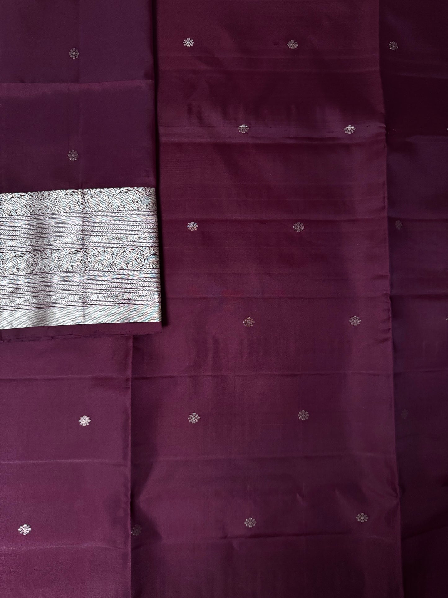 Sira – Dark Purple Soft Silk Saree with Beige & Metallic Silver Pallu