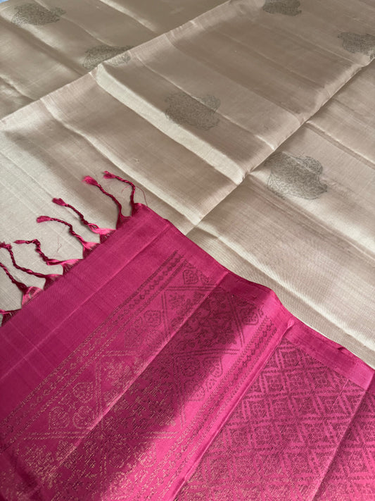 Luna Rose- Lustrous Beige Soft Silk Saree with Bright Pink Pallu
