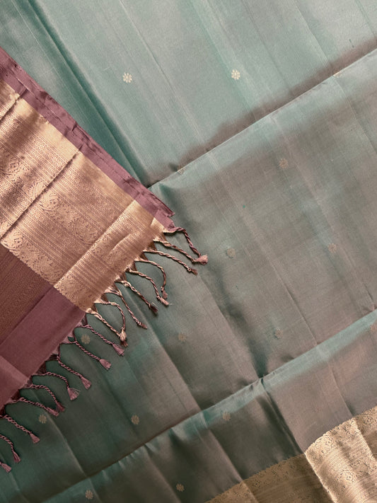 Pale Veil – Soft Silk Saree in Earthy Neutral Blue with Metallic Contrast Border